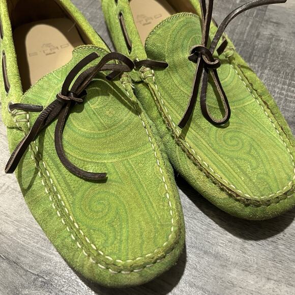 Etro Milano Green Suede Driving Shoes Paisley Bow Tie Loafer Slip Ons RARE Sz 42 - Picture 5 of 8